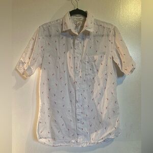 H&M L.O.G.G. Shirt Mens L Pink FLAMINGO Print Off-White Linen Blend Summer Shirt